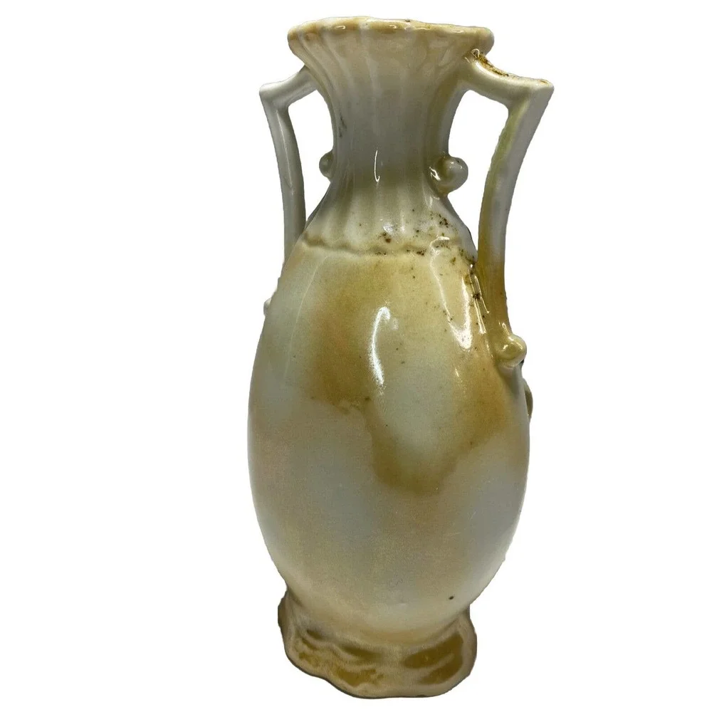Antique Small Iridescent Two Handled Vase Raised Fruits Leaves Gold G.H. Mumm Co